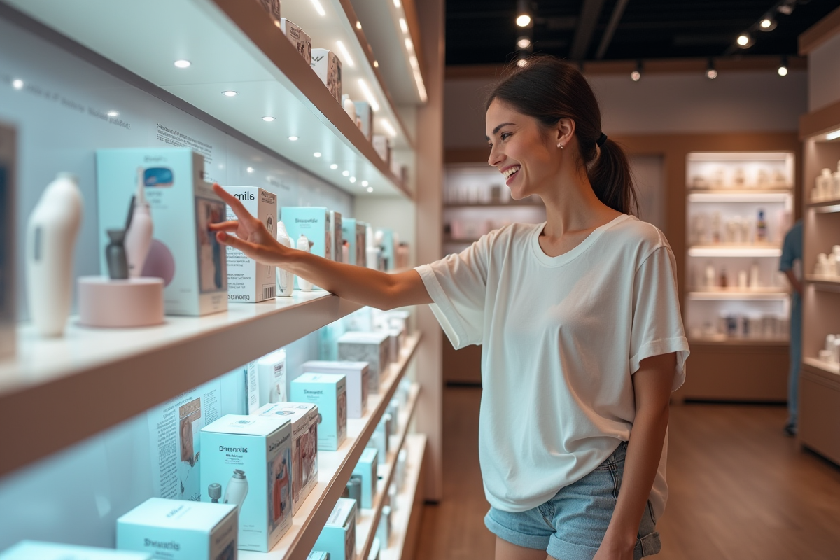Jeune femme choisissant un epilateur dans une boutique de beauté