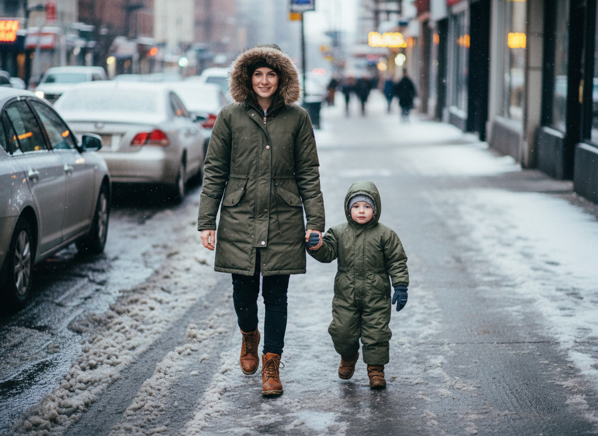 Fille et enfant marchant dans la neige en ville