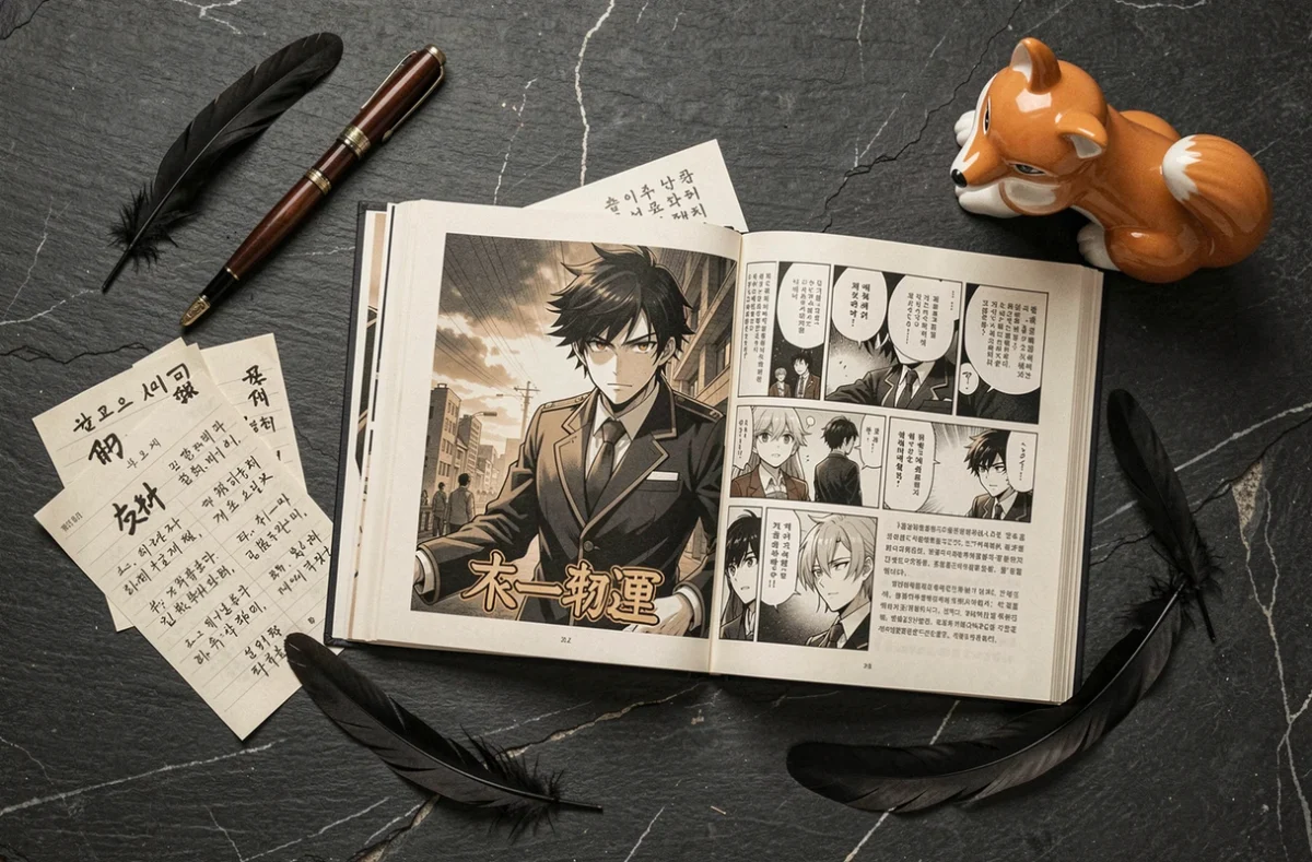 Mise en scène flat lay de volumes de manhwa ouverts sur le personnage villain aux yeux de renard entouré d'accessoires thématiques comme une figurine renard et des plumes noires sur ardoise sombre
