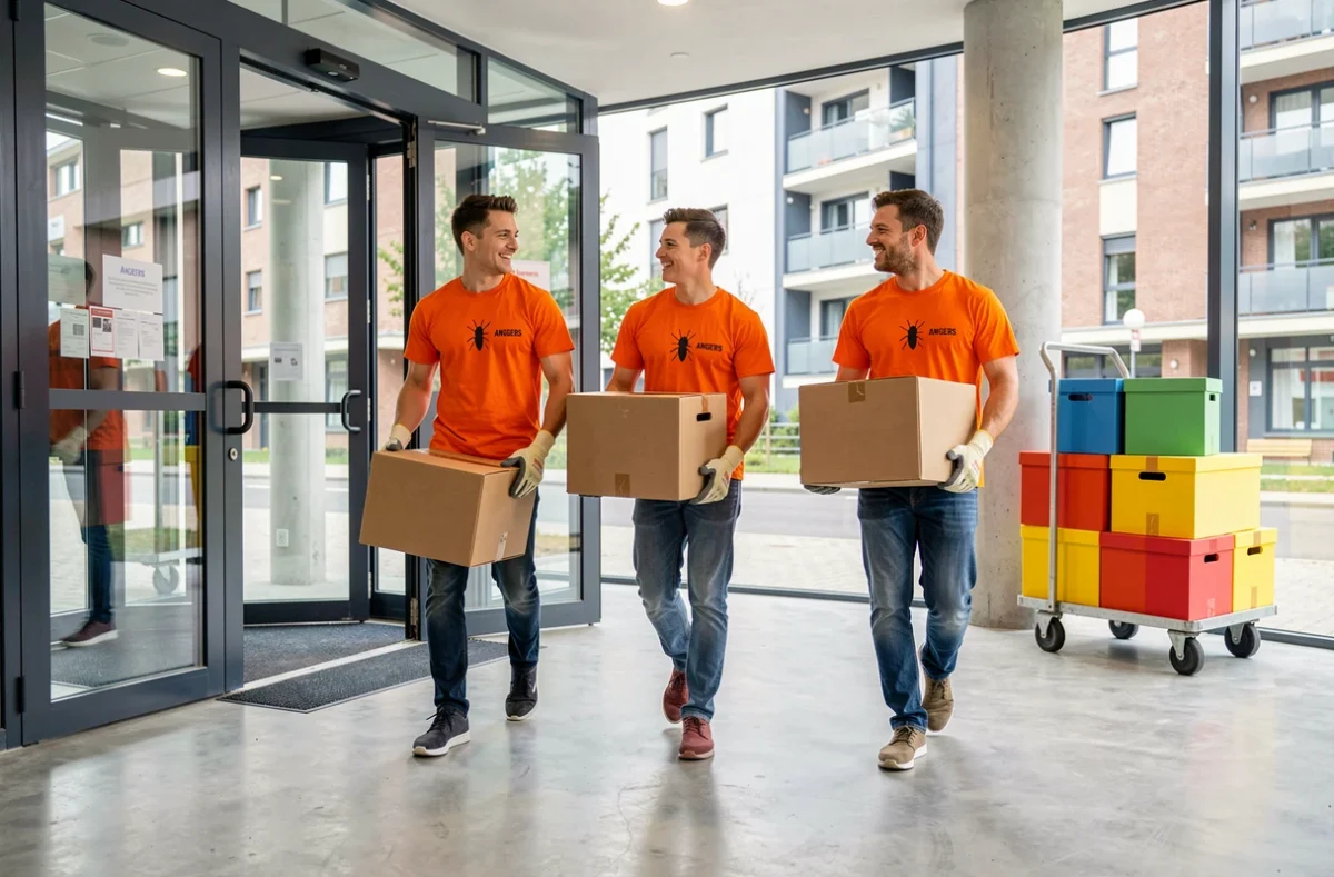 Trois jeunes déménageurs en t-shirts orange avec logo fourmi portant des cartons colorés hors d'un immeuble moderne à Angers