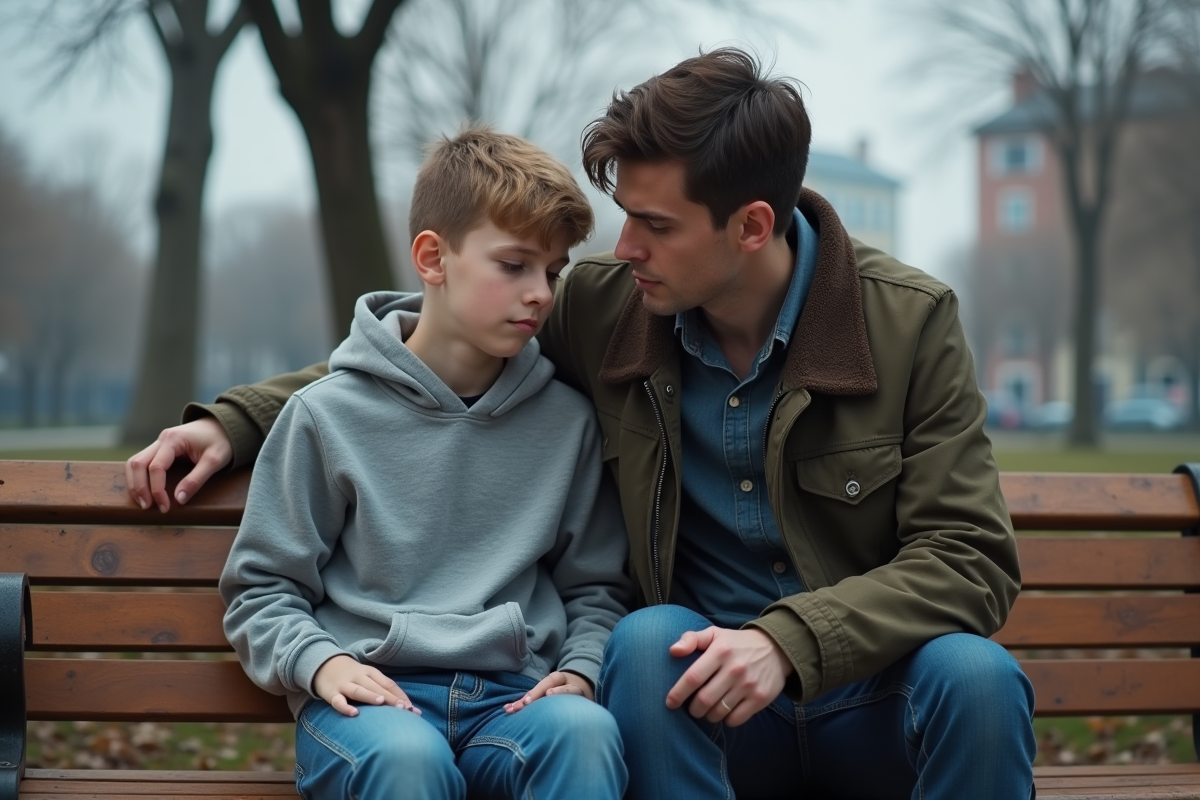 Adolescent consolée par un ami dans un parc urbain