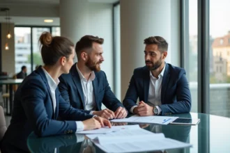 Courtier discutant des options de prêt immobilier avec des clients