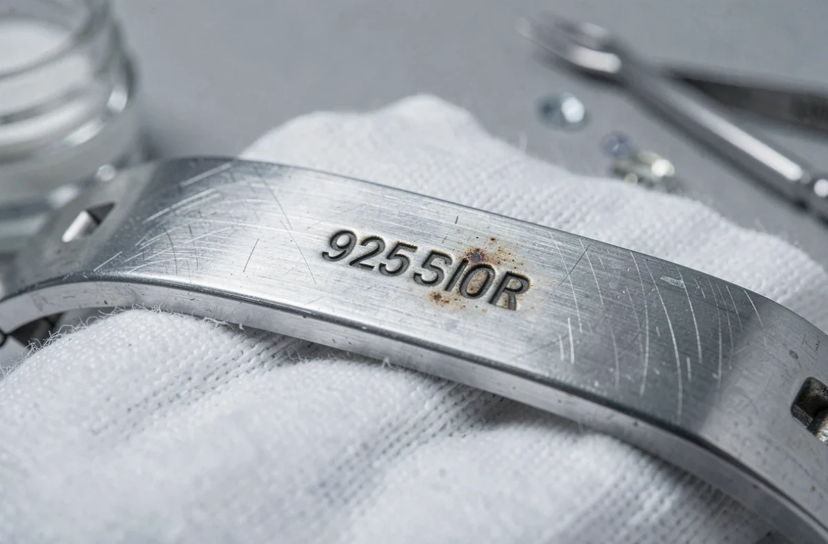 Gros plan sur le poinçon 925 d'un bracelet en argent avec traces de noircissement dans les gravures