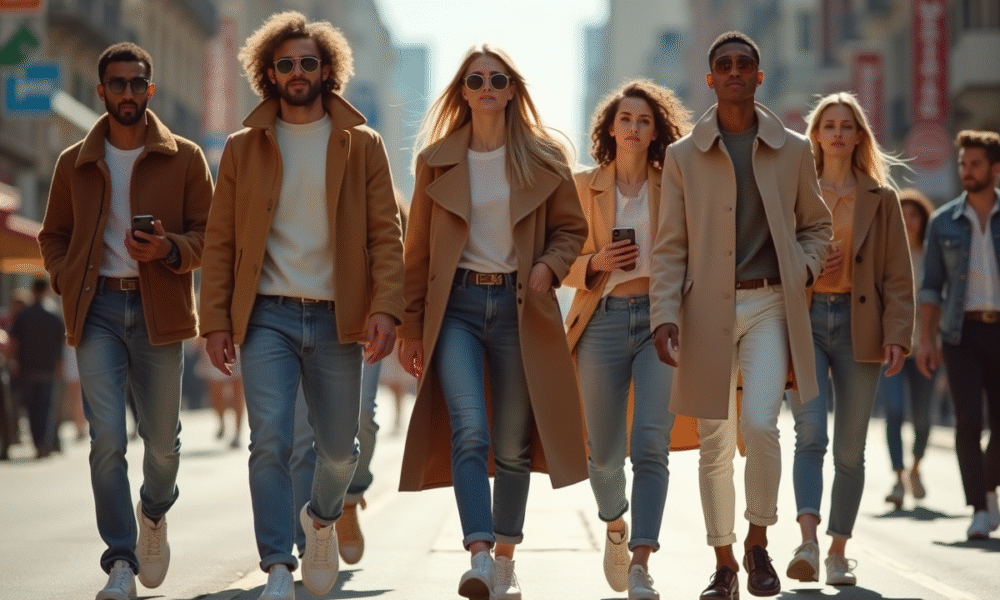 Groupe d influenceurs mode marchant en ville en journée
