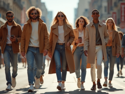 Groupe d influenceurs mode marchant en ville en journée