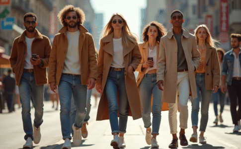 Groupe d influenceurs mode marchant en ville en journée