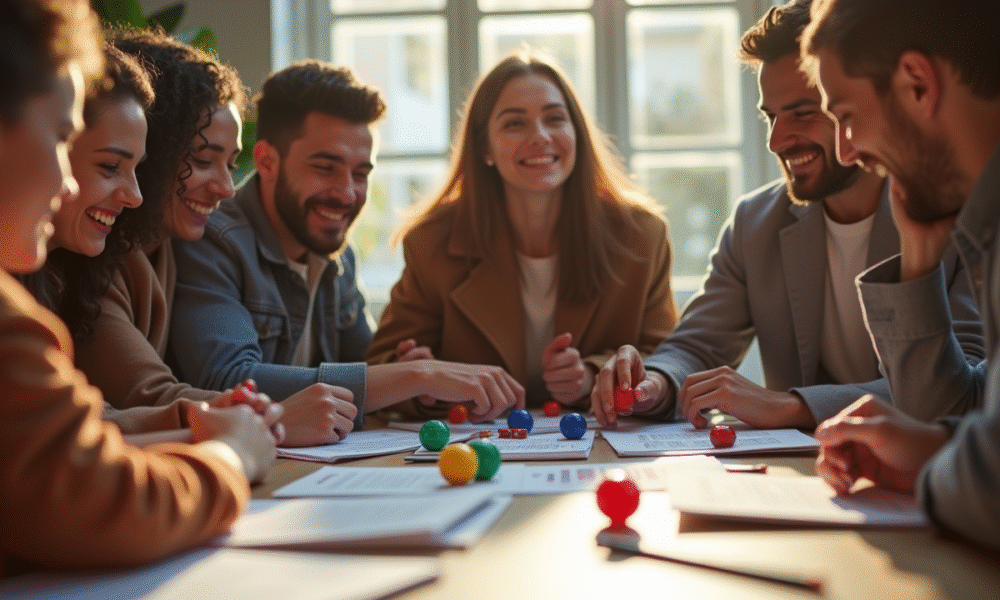 Groupe d'amis jouant à un jeu de société avec dés colorés