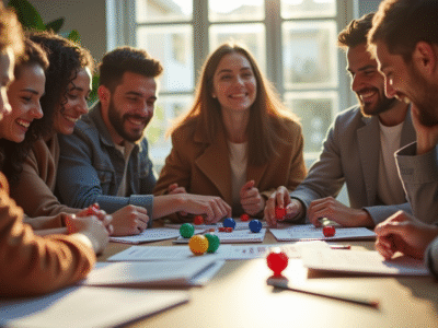 Groupe d'amis jouant à un jeu de société avec dés colorés