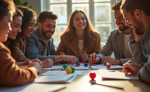 Groupe d'amis jouant à un jeu de société avec dés colorés