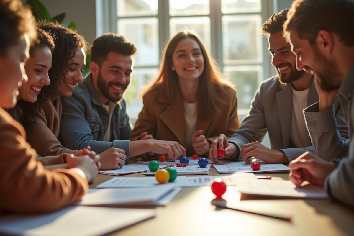 Groupe d'amis jouant à un jeu de société avec dés colorés