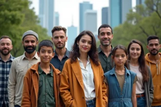Groupe divers d'adultes et enfants dans un parc urbain