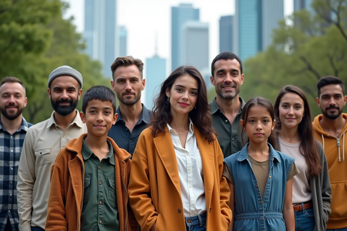 Groupe divers d'adultes et enfants dans un parc urbain