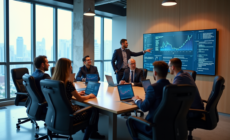 Groupe de professionnels discutant blockchain dans un bureau moderne