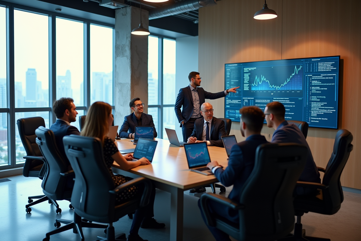 Groupe de professionnels discutant blockchain dans un bureau moderne