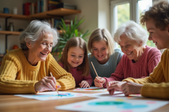 Femmes seniors et enfants autour d'une table en atelier peinture