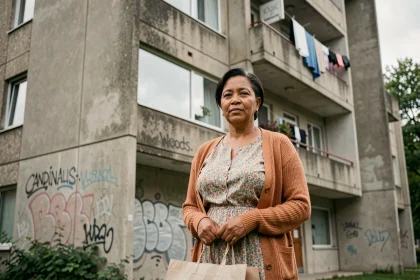 Habitante du quartier du Mirail à Toulouse debout devant un immeuble en béton, regard digne et déterminé