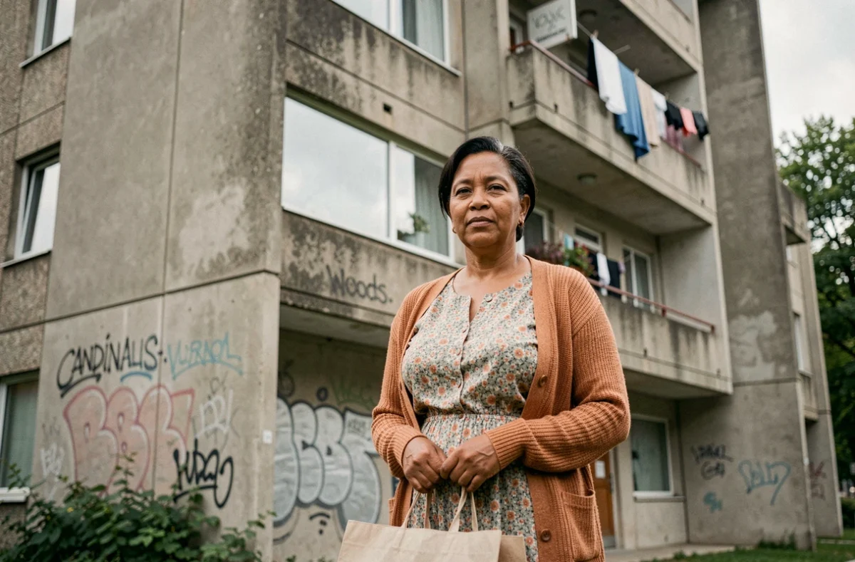 Habitante du quartier du Mirail à Toulouse debout devant un immeuble en béton, regard digne et déterminé