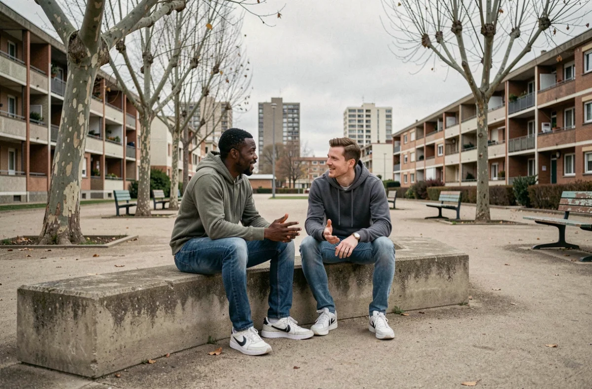 Deux habitants du Mirail discutant assis sur un muret dans une place publique du quartier, ambiance documentaire urbaine