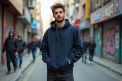 Jeune homme de grande taille debout dans une rue urbaine, illustrant le débat autour de la taille du rappeur Hamza