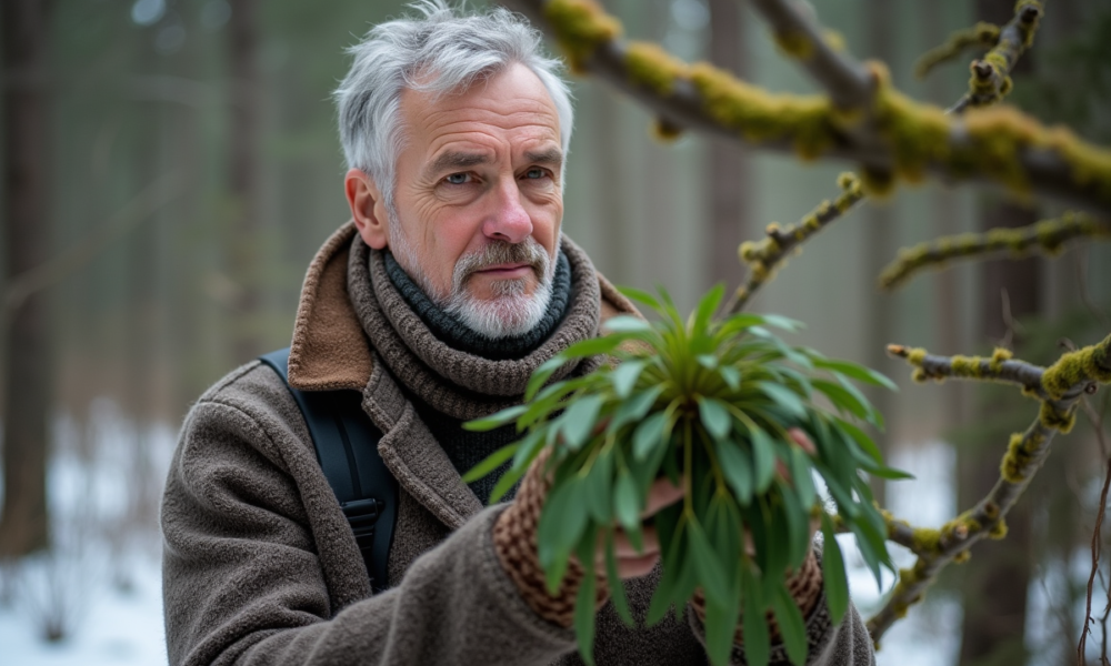 Herboriste homme tenant du mistletoe en forêt hivernale