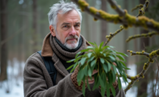 Herboriste homme tenant du mistletoe en forêt hivernale