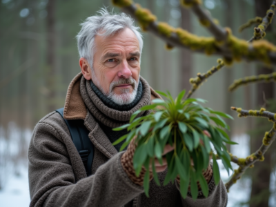 Herboriste homme tenant du mistletoe en forêt hivernale
