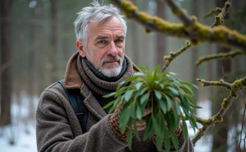 Herboriste homme tenant du mistletoe en forêt hivernale