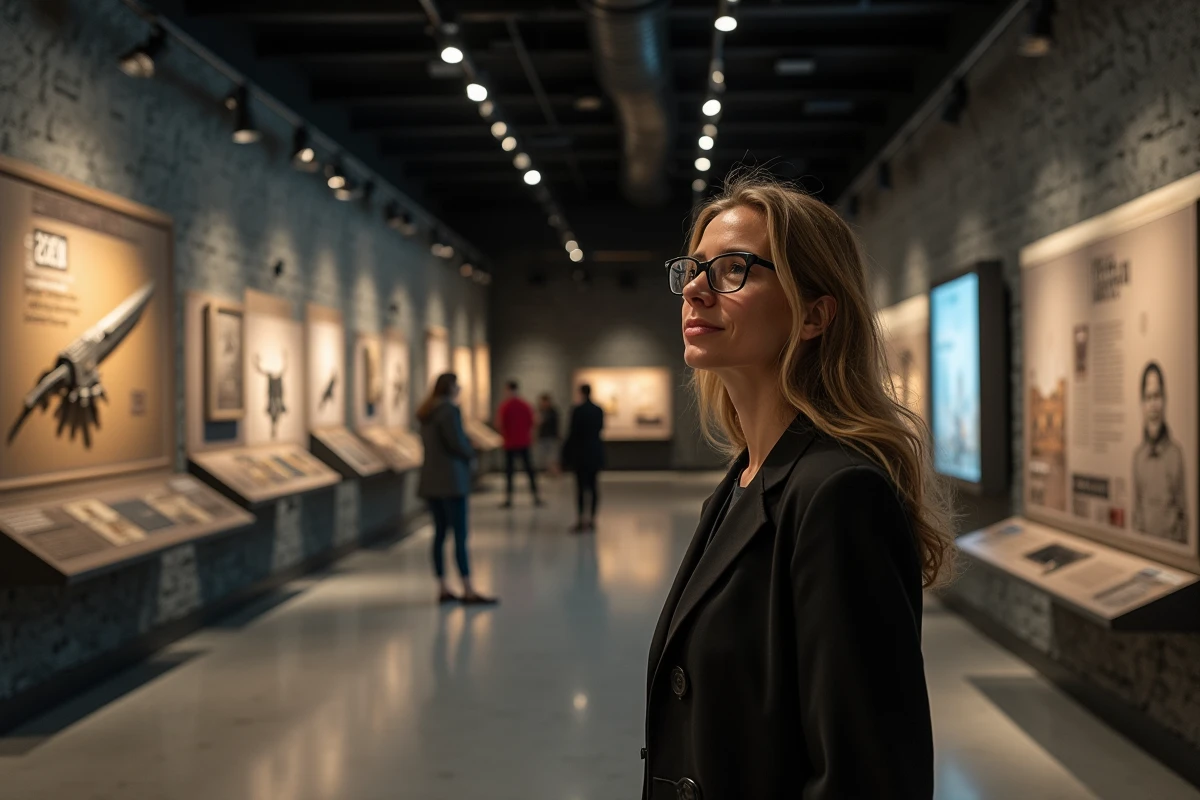 Historienne dans une exposition de bunker moderne