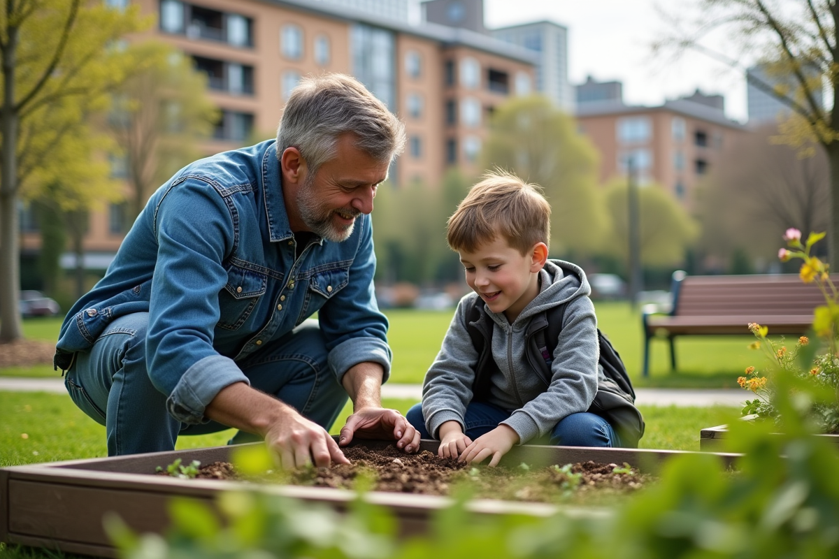 Homme et adolescent jardinant dans un parc urbain en extérieur