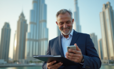Homme d'affaires moyen-oriental devant le skyline de Dubai
