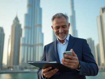 Homme d'affaires moyen-oriental devant le skyline de Dubai