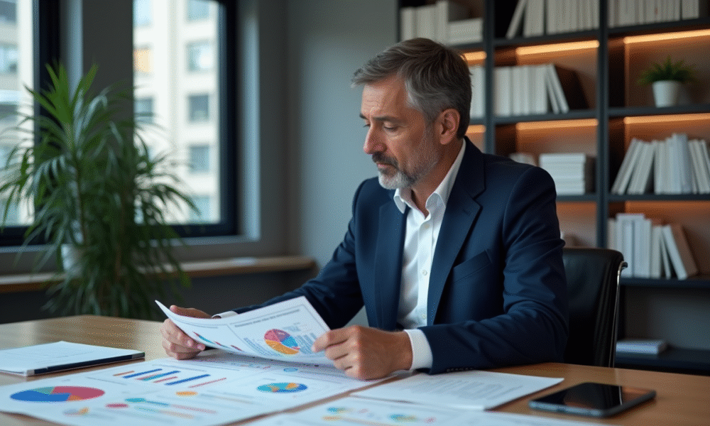 Homme d'affaires en costume regardant une infographie économique