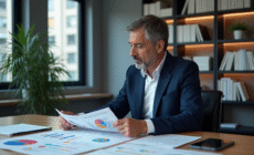 Homme d'affaires en costume regardant une infographie économique