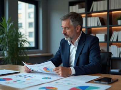 Homme d'affaires en costume regardant une infographie économique