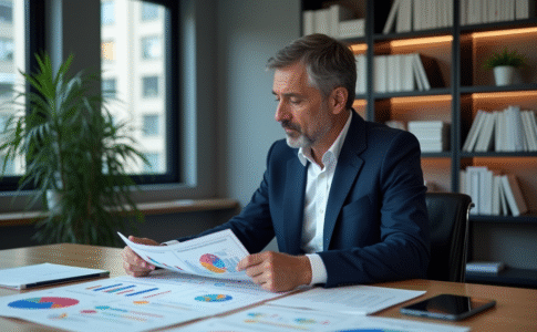 Homme d'affaires en costume regardant une infographie économique