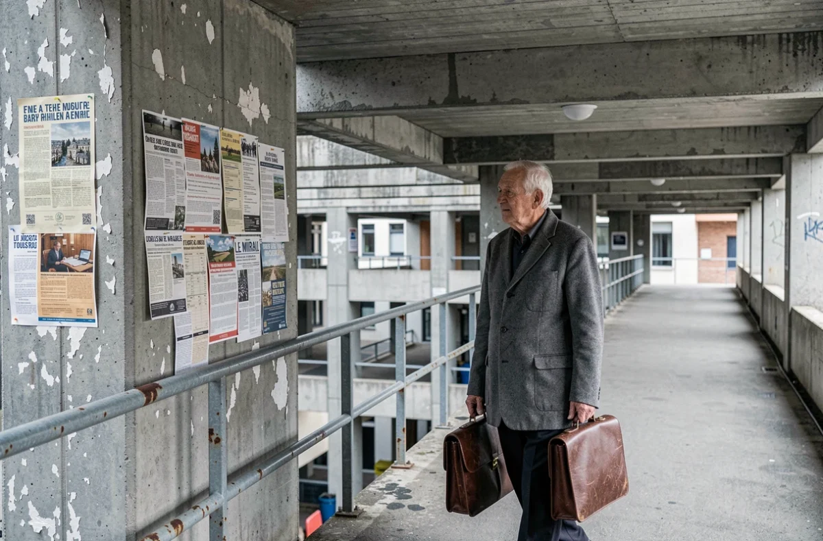 Homme âgé marchant seul sous une dalle piétonne en béton au quartier du Mirail à Toulouse, atmosphère documentaire
