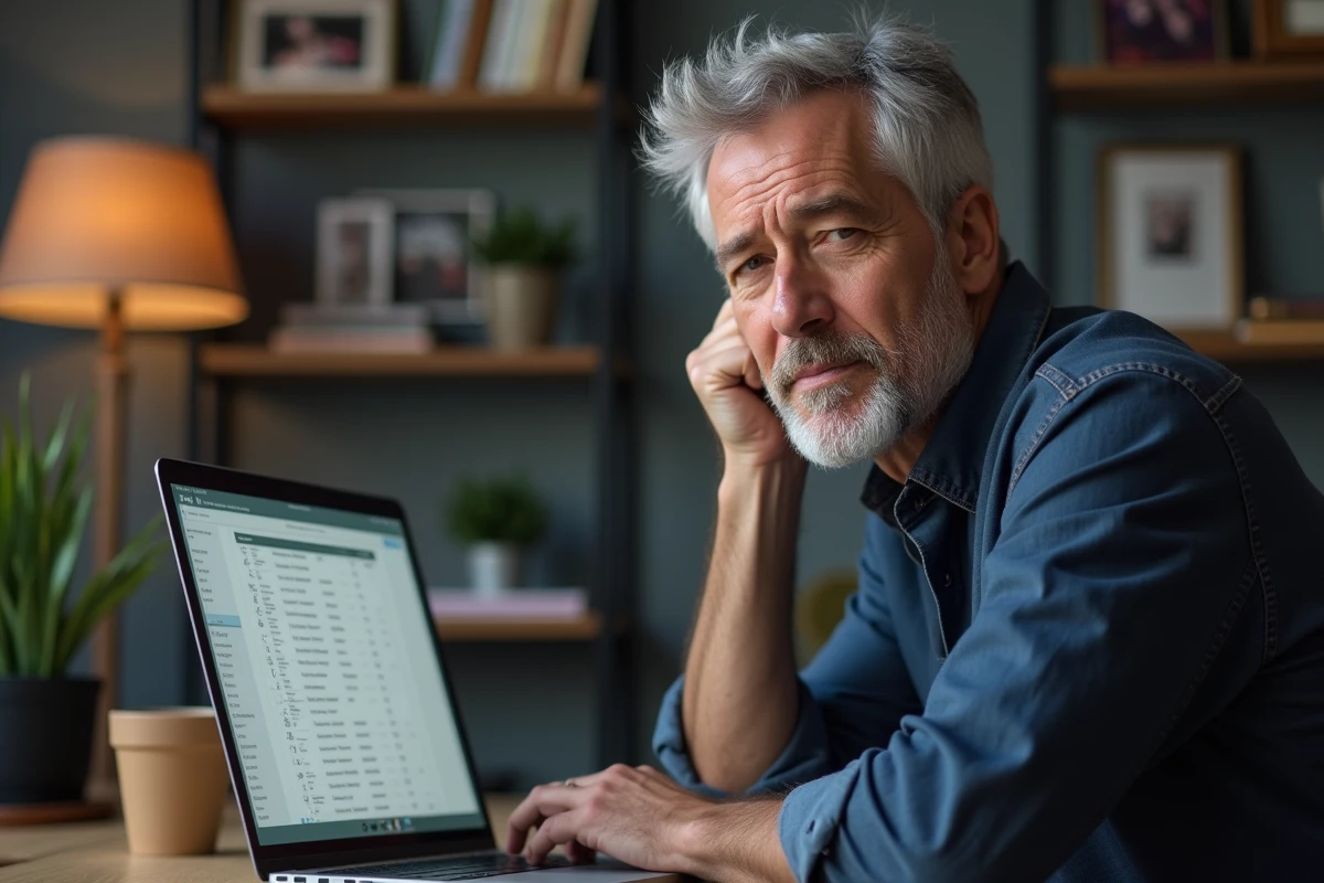 Homme consultant un annuaire de chanteurs classés par initiale sur son ordinateur portable