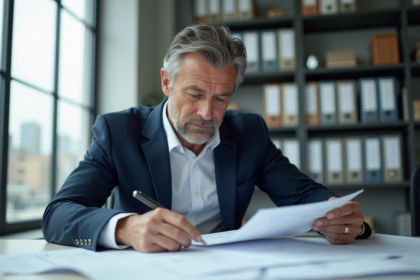 Homme d'affaires en costume bleu examinant des plans de construction