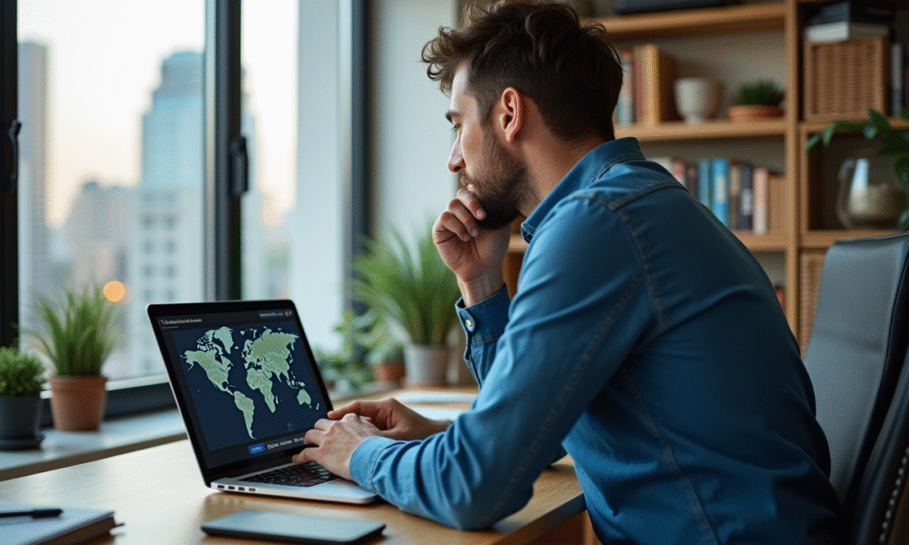 Homme concentré devant un ordinateur avec carte digitale Israël