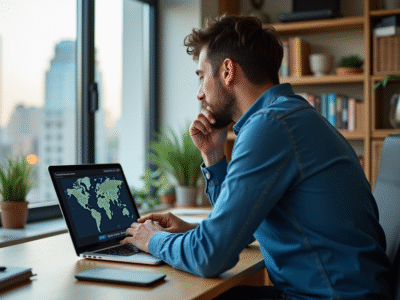 Homme concentré devant un ordinateur avec carte digitale Israël