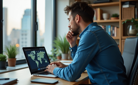 Homme concentré devant un ordinateur avec carte digitale Israël