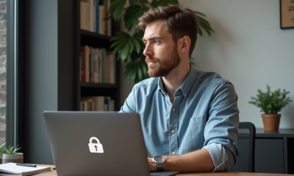 Homme au bureau regardant son ordinateur avec notification VPN