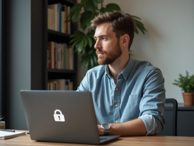 Homme au bureau regardant son ordinateur avec notification VPN