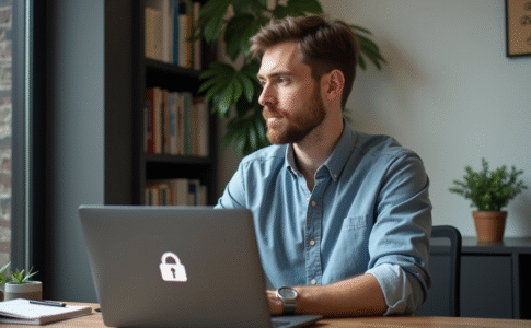 Homme au bureau regardant son ordinateur avec notification VPN