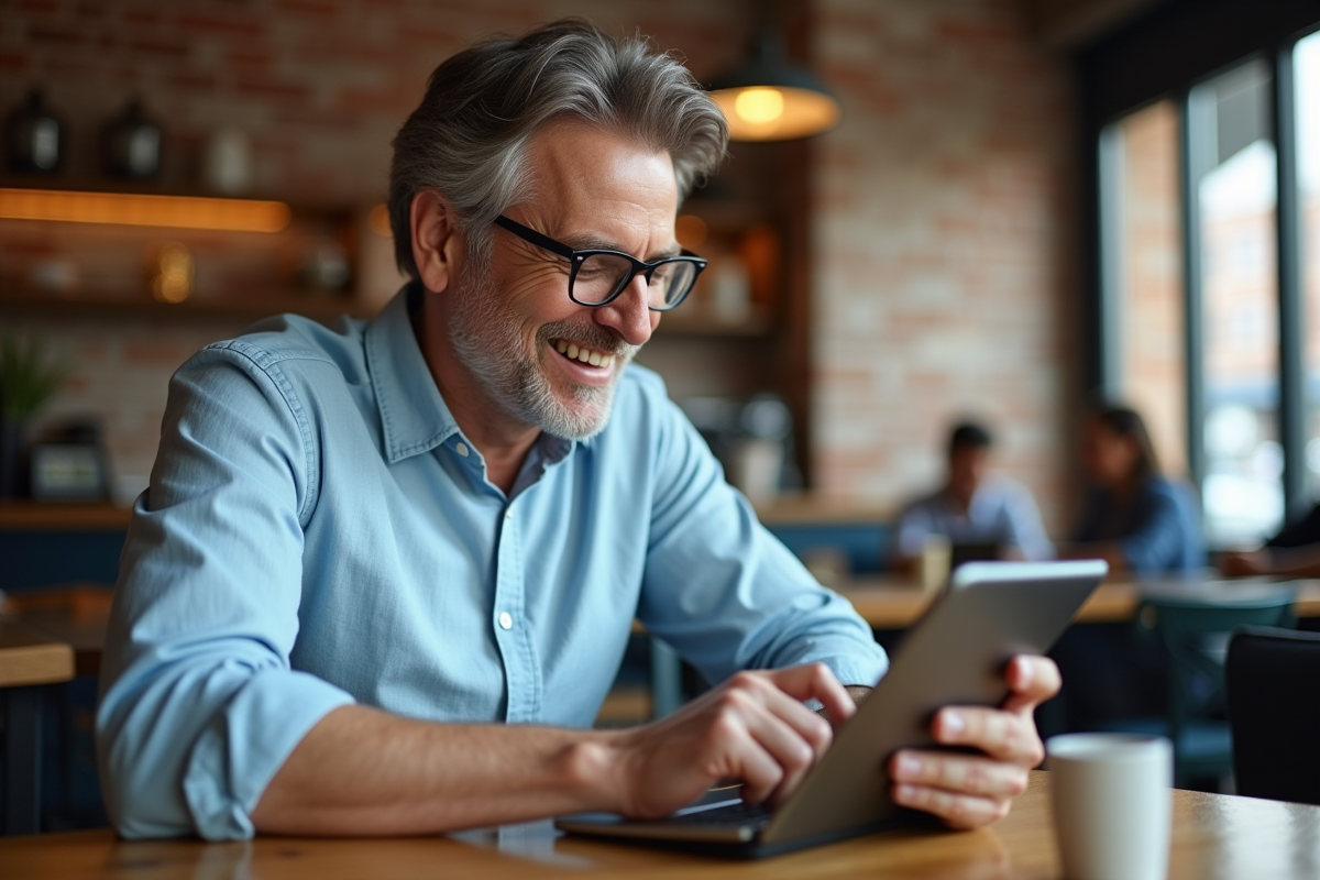 Homme décontracté dans un café regardant sa tablette