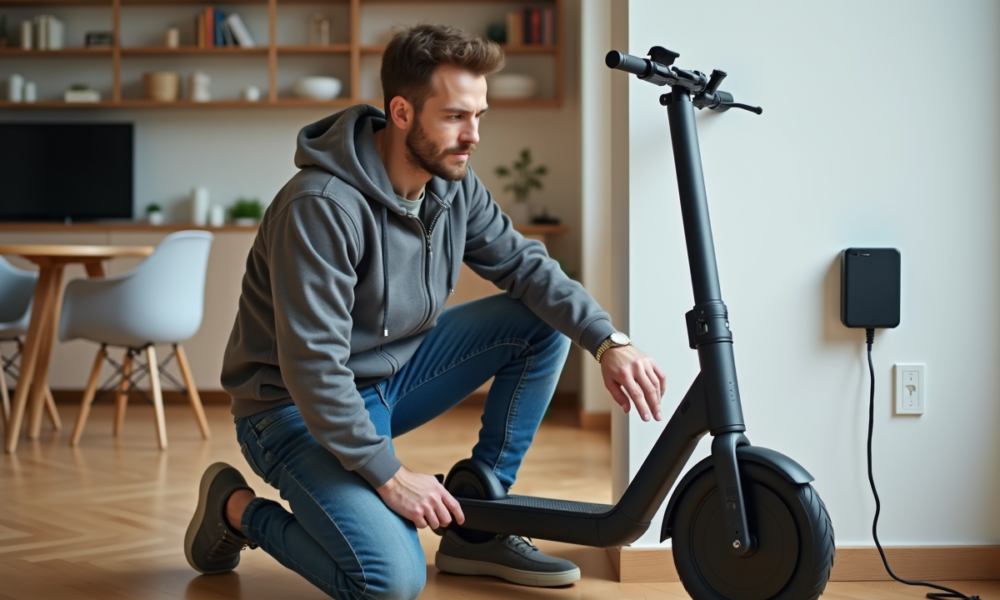 Homme connectant le chargeur de son scooter électrique