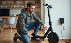 Homme connectant le chargeur de son scooter électrique