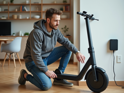 Homme connectant le chargeur de son scooter électrique
