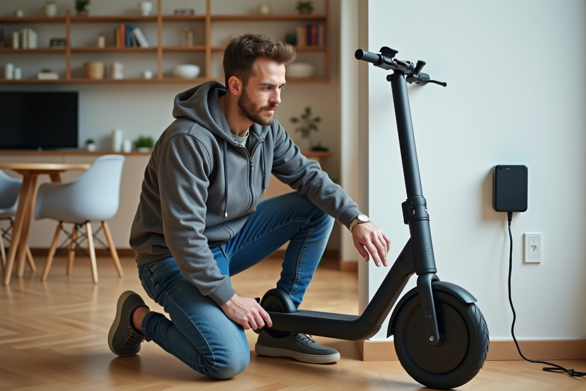 Homme connectant le chargeur de son scooter électrique