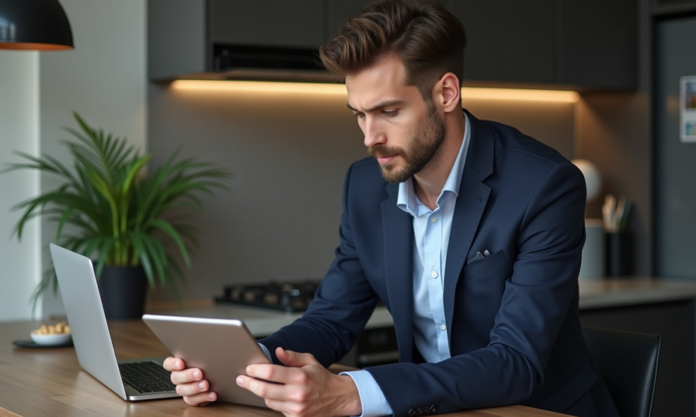 Jeune homme en costume étudiant des graphiques crypto